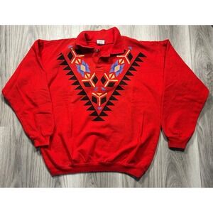 Vintage Southwestern Geometric Print Red Polo Sweatshirt Pullover Women's